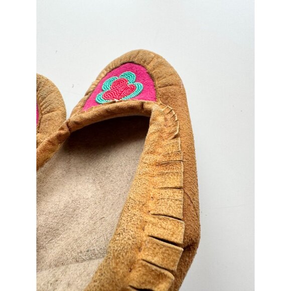 Vintage Handmade Warm Brown Beaded Suede Leather Slippers Moccasins, Size 5 - Picture 6 of 12